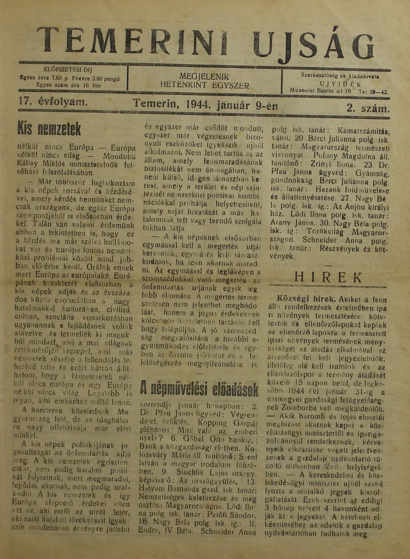 Temerini Újság 1928-1944, 17. évf. 1944. január 9. 2. sz.