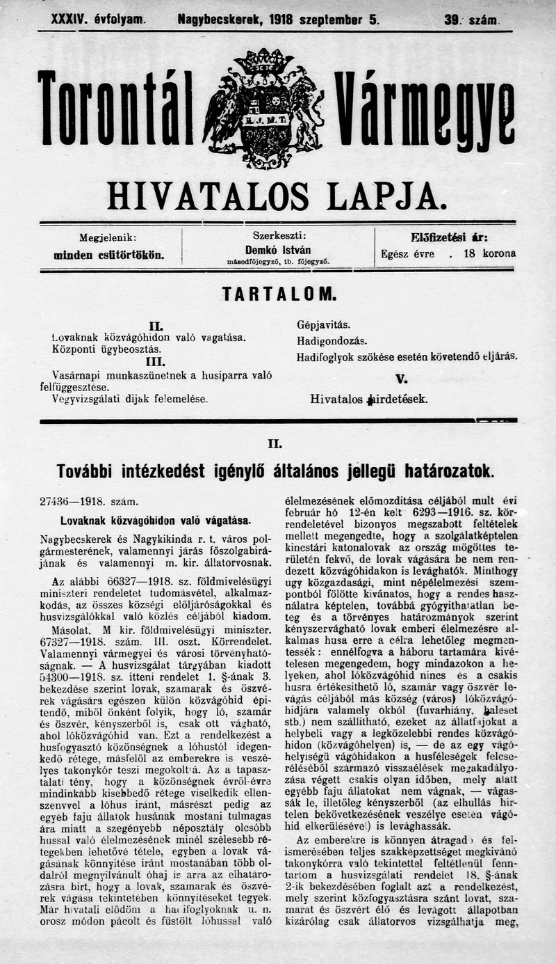 Torontál Vármegye Hivatalos Lapja, 34. évf. 1918. szeptember 5. 39. sz.