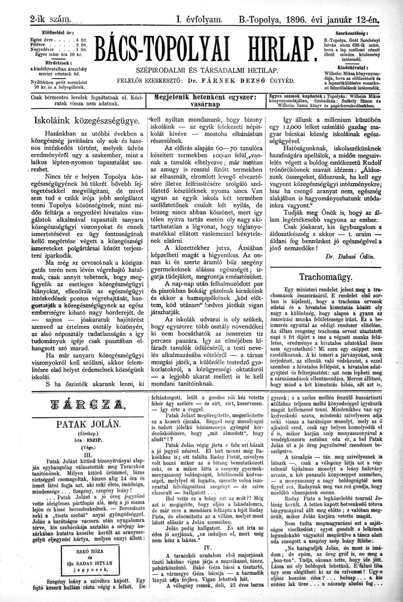 Bács-Topolyai Hirlap, 1. évf. 1896. január 12. 2. sz.