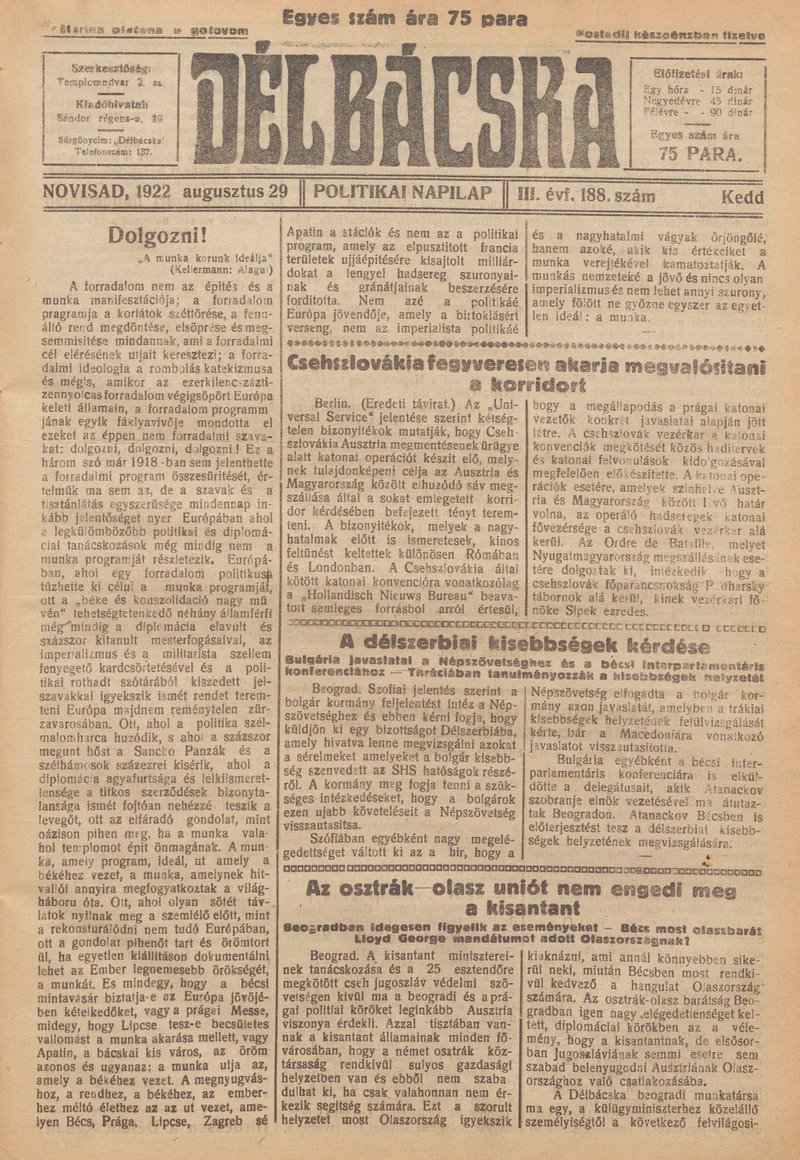 Délbácska, 3. évf. 1922. augusztus 29. 188. sz.