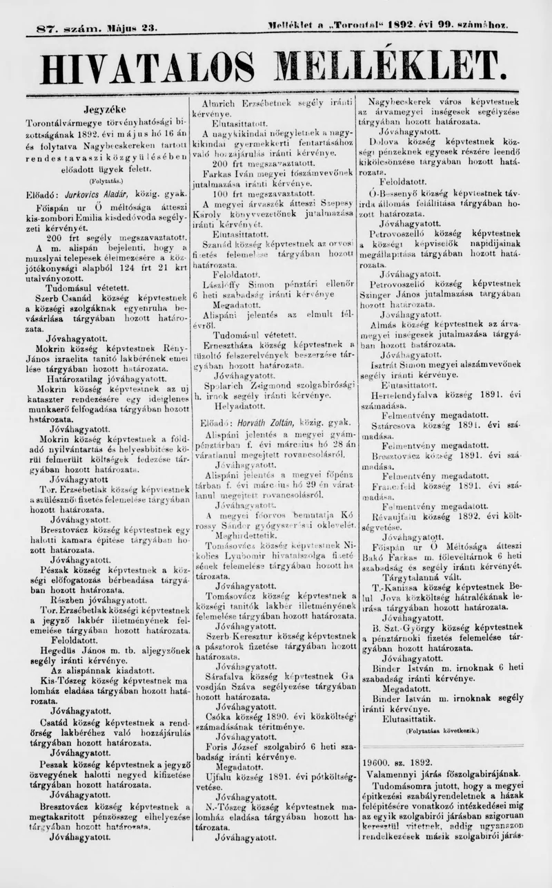 A Totontál  hivatalos melléklete, 5. évf. 1892. május 23. 87. sz.