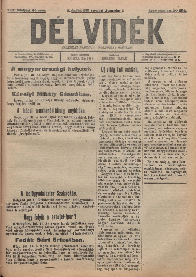 Délvidék, 13. évf. 1919. augusztus 2. 150. sz.