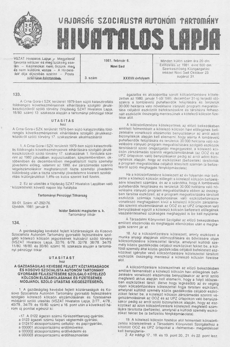 Vajdaság Szocialista Autonóm Tartomány Hivatalos Lapja, 37. évf. 1981. február 6. 3. sz.