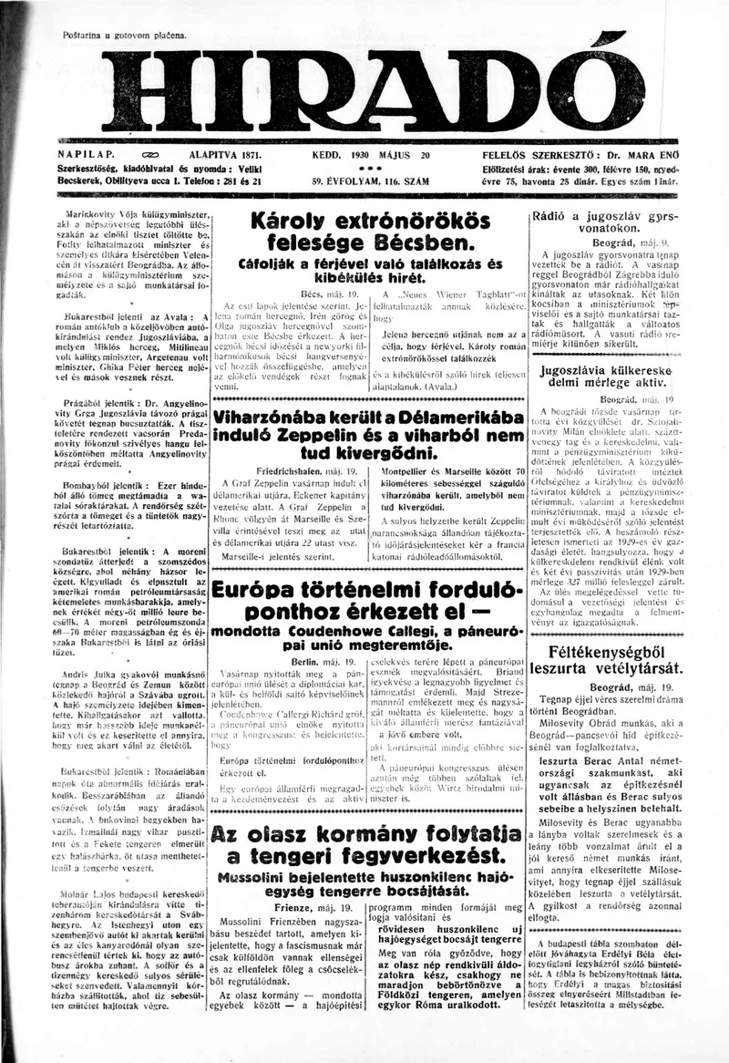 Híradó, 59. évf. 1930. május 20. 116. sz.
