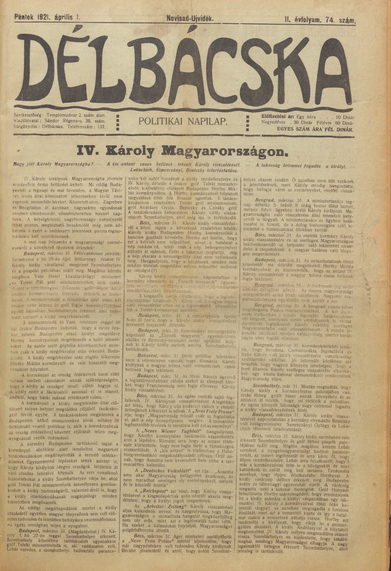 Délbácska, 2. évf. 1921. április 1. 74. sz.
