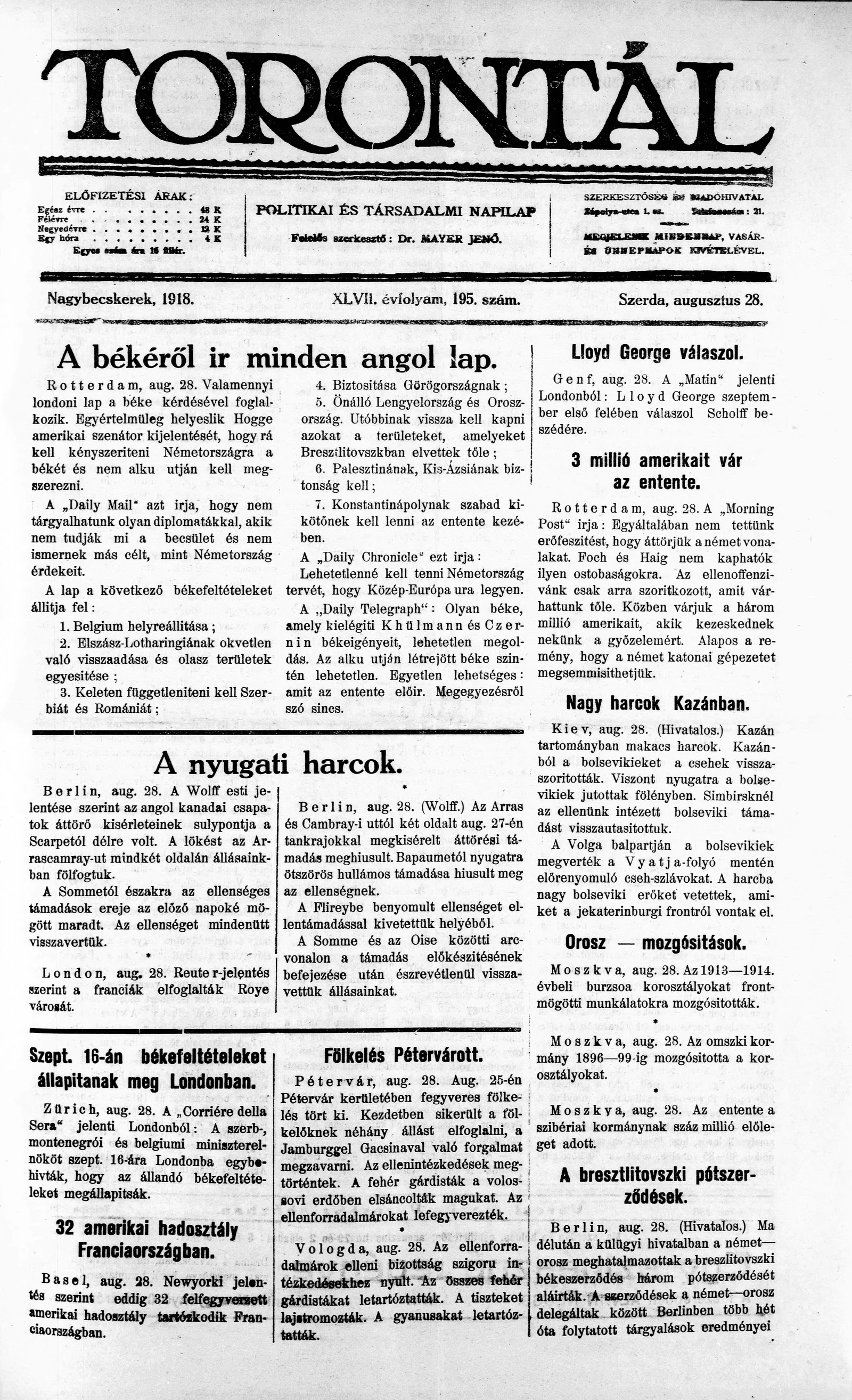 Torontál, 47. évf. 1918. augusztus 28. 195. sz.