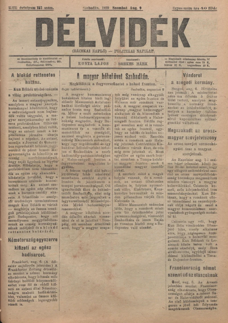 Délvidék, 13. évf. 1919. augusztus 9. 157. sz.