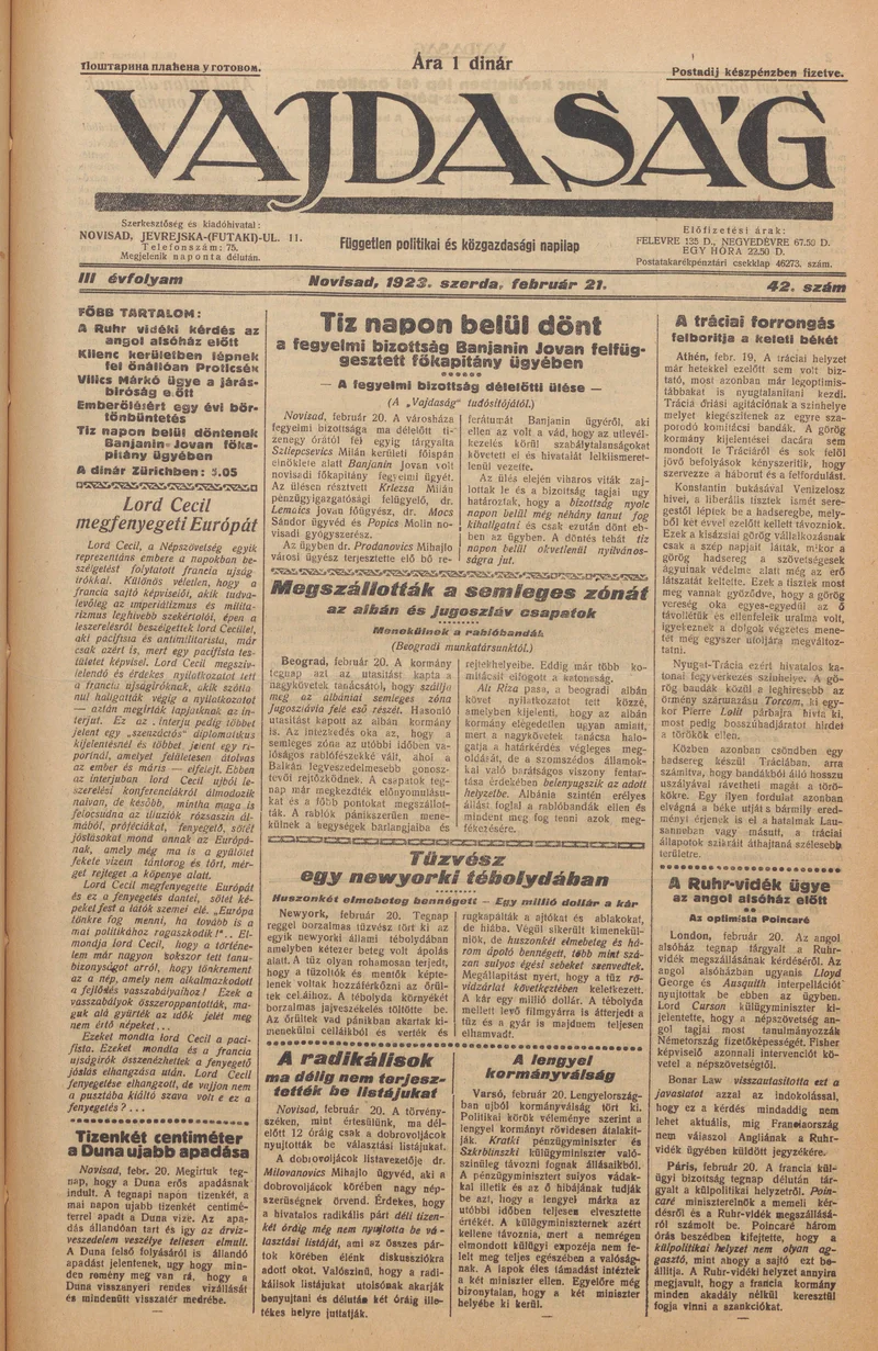 Vajdaság, 3. évf. 1923. február 21. 42. sz.